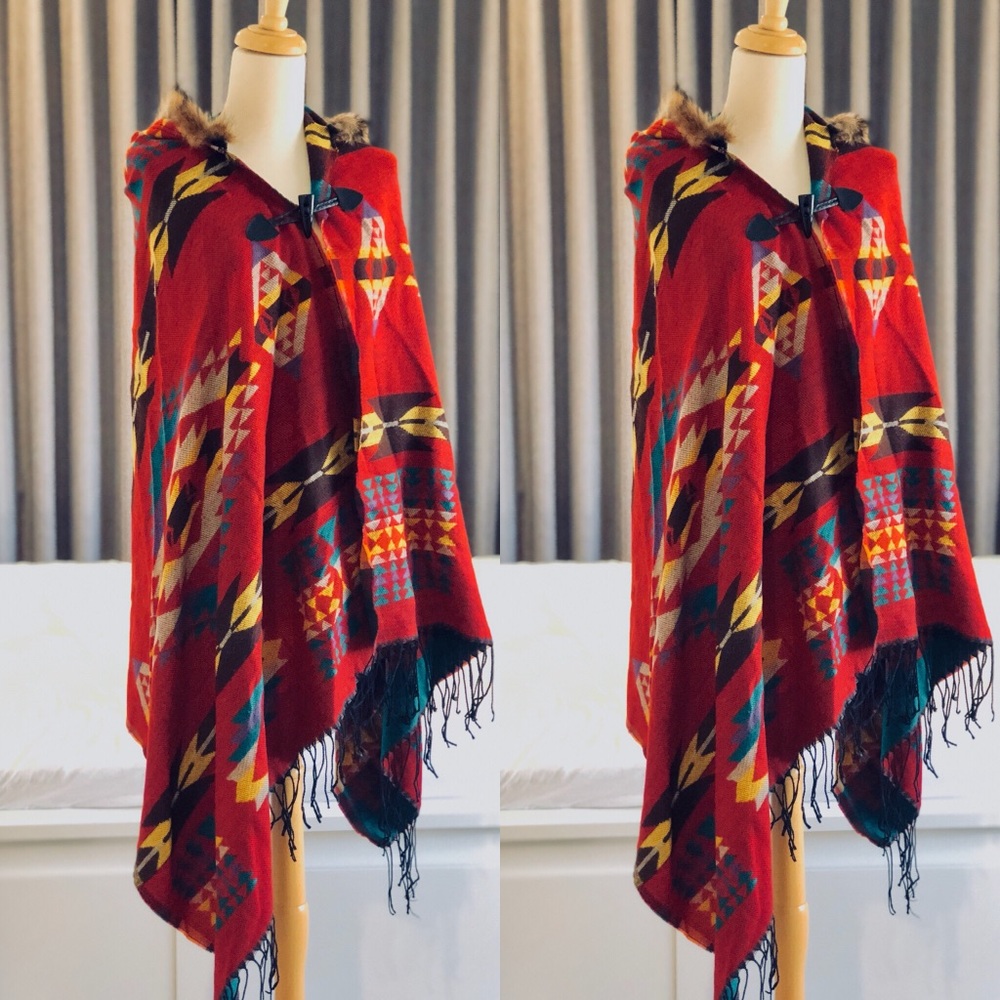 Bohemian Style Faux Fur Hooded Fringe Poncho Wrap